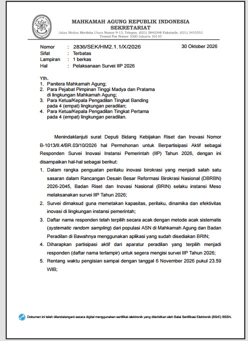 457 Aparatur Peradilan Terpilih Jadi Responden Survei Inovasi Instansi Pemerintah 2026