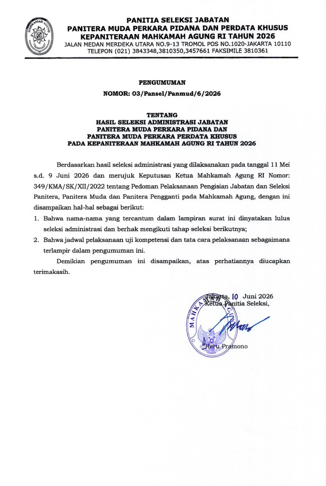 7 Kandidat Lolos Seleksi Administrasi Jabatan Panmud Pidana & Perdata Khusus MA