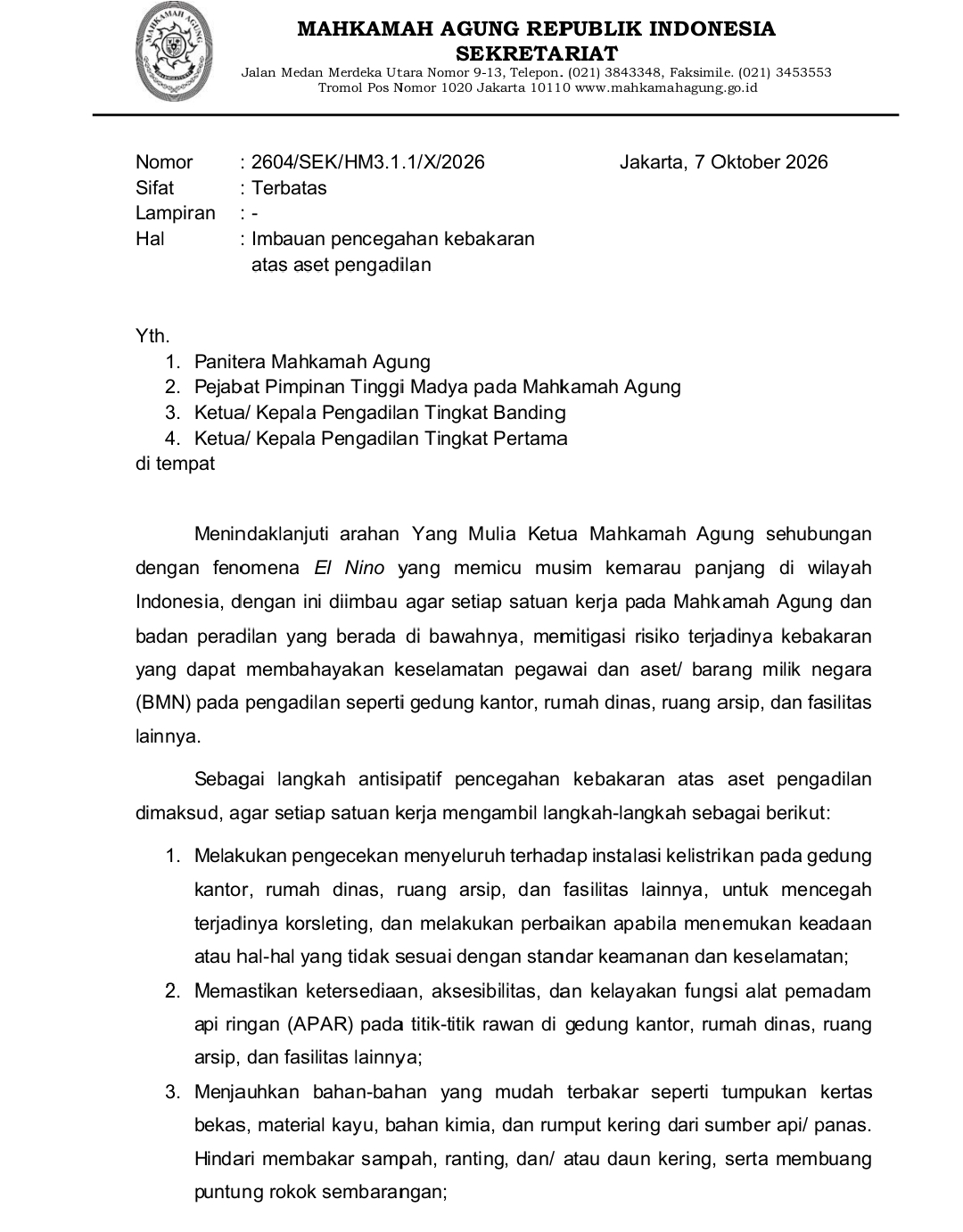 Antisipasi Dampak El Nino, MA Perketat Mitigasi Kebakaran Aset Peradilan