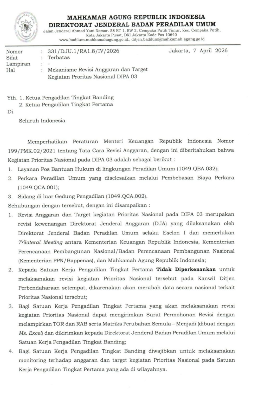 Badilum Atur Mekanisme Revisi Anggaran & Target Kegiatan Prioritas Nasional DIPA 03