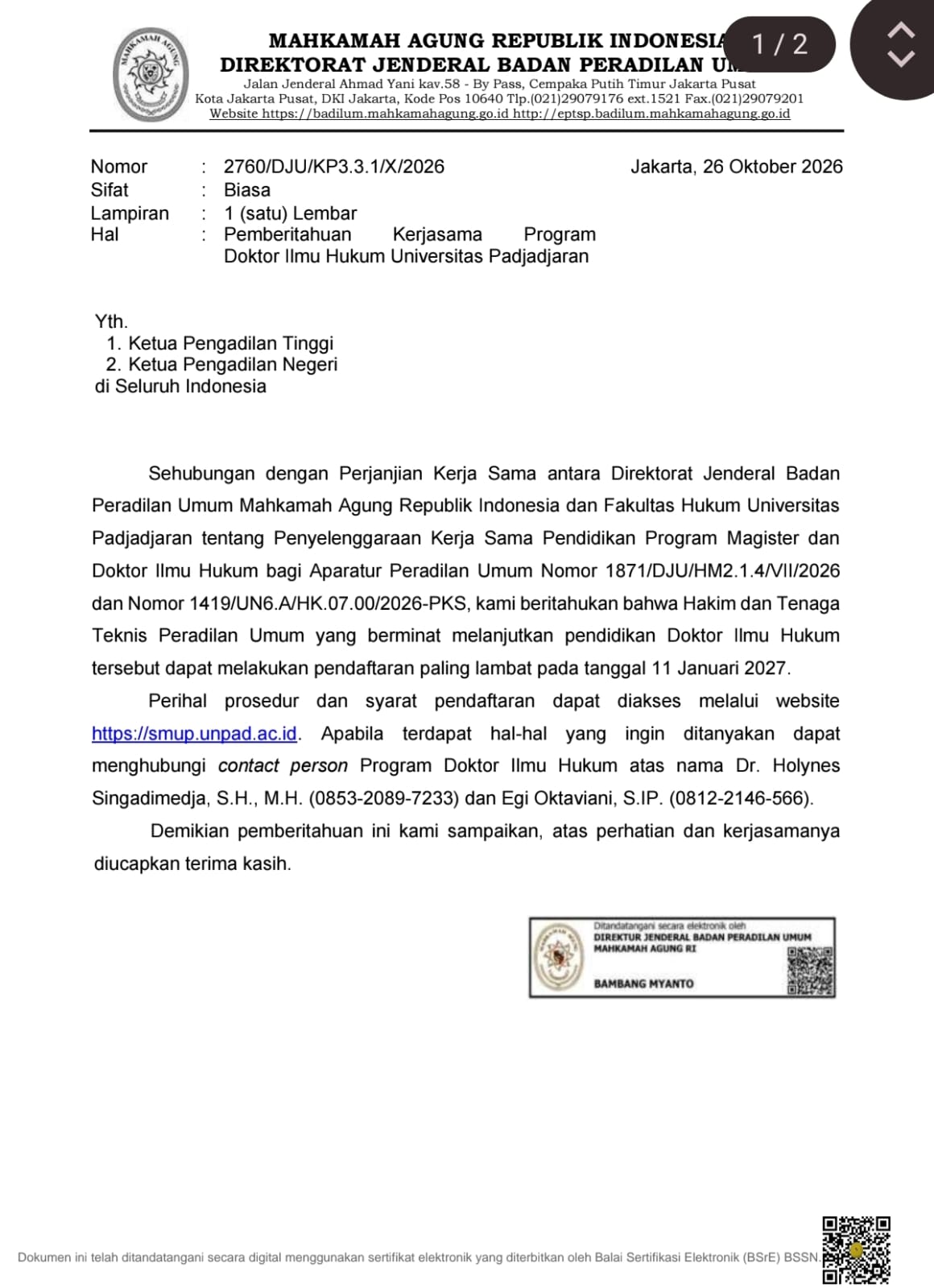 Badilum Buka Kesempatan Hakim dan Tenaga Teknis Raih Gelar Doktor di Unpad