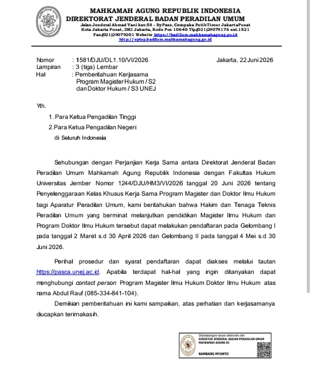Badilum Gandeng UNEJ, Buka Kesempatan Hakim & Tenaga Teknis Tempuh S2-S3