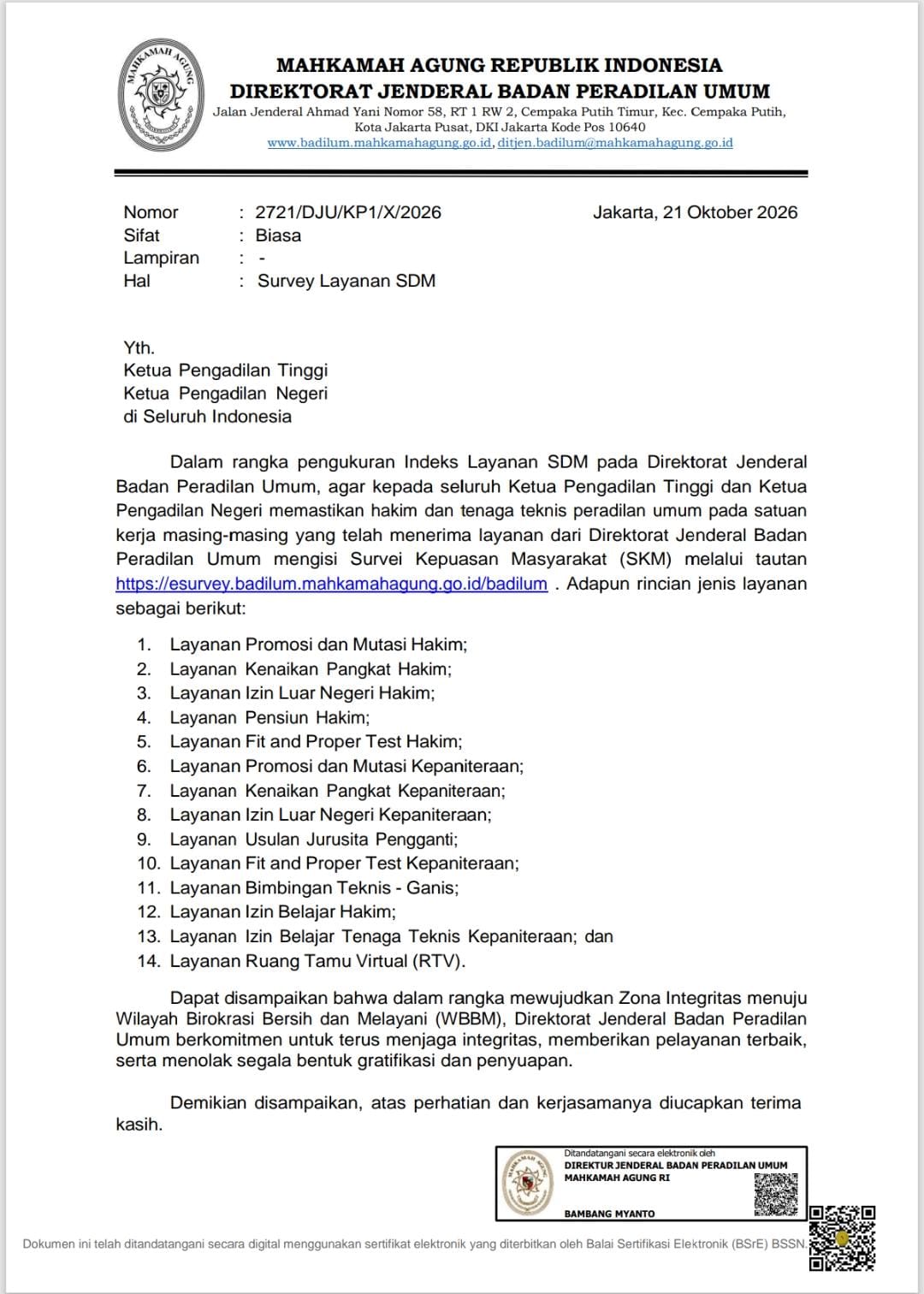 Badilum Minta Hakim dan Tenaga Teknis Isi Survei Kepuasan Layanan SDM