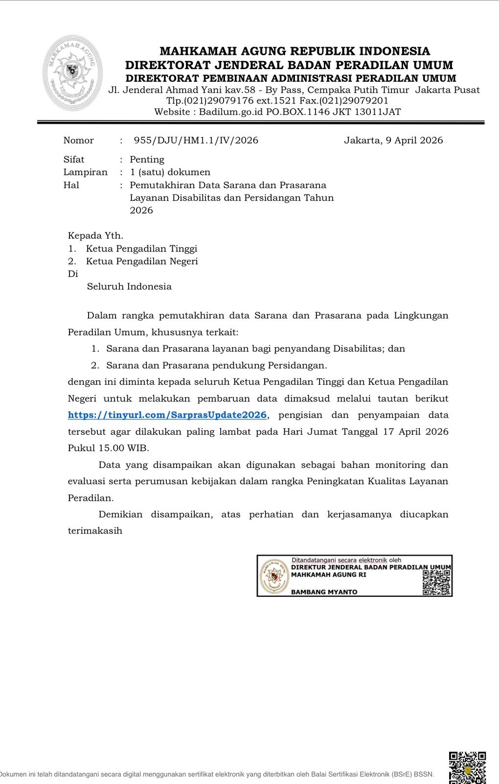 Badilum Minta Satker Lakukan Pembaruan Data Sarpras Persidangan & Penyandang Disabilitas