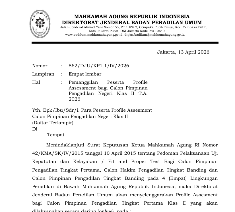 Badilum Panggil Peserta Profile Assesment Calon Pimpinan Pengadilan Negeri Kelas II