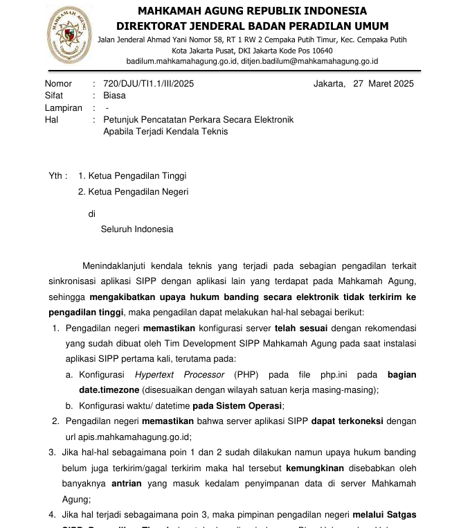 Badilum Terbitkan Petunjuk Pencatatan Perkara Secara Elektronik Jika Ada Kendala Teknis