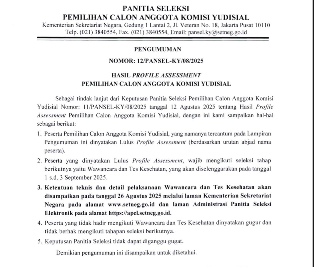 Catat! Ini 21 Calon Anggota Komisi Yudisial Lulus Profile Assessment