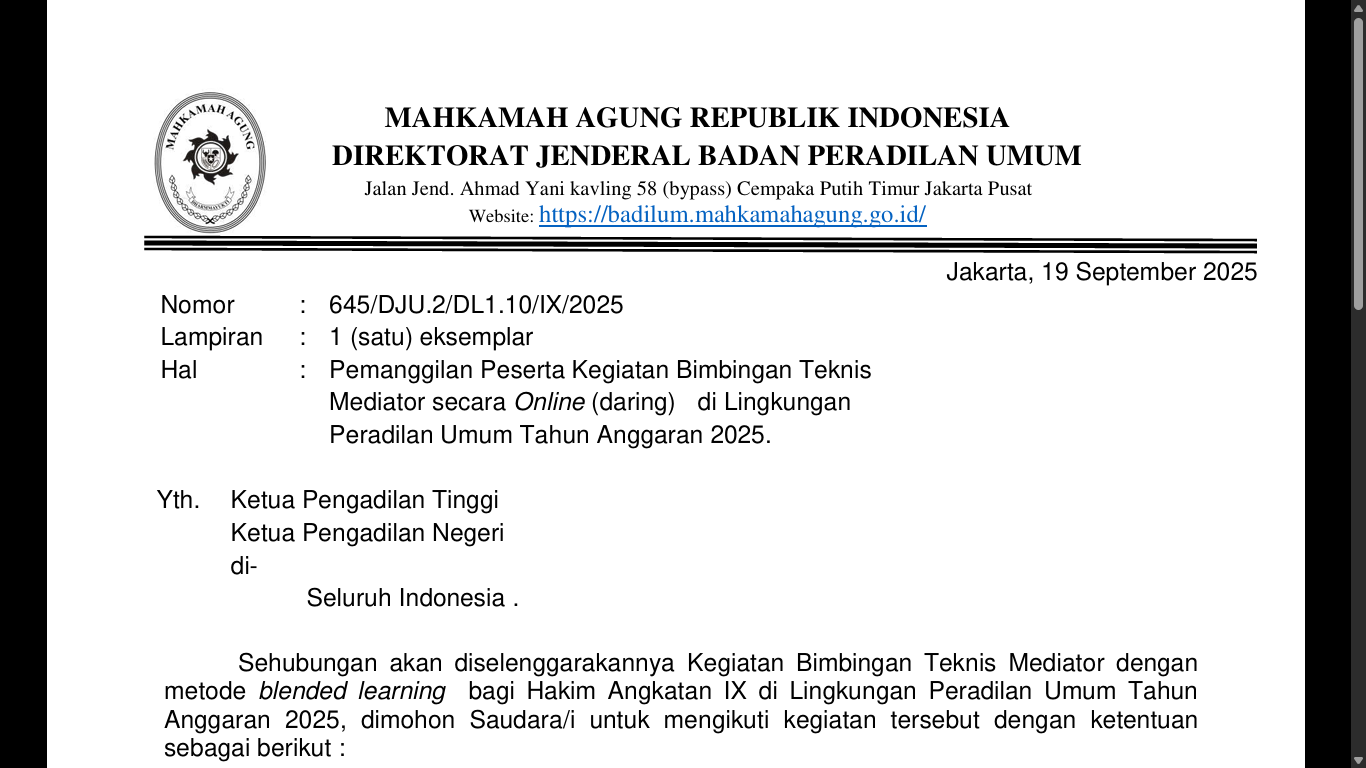 Catat Tanggalnya! Badilum Selenggarakan Bimtek Mediator Bagi Hakim Angkatan IX