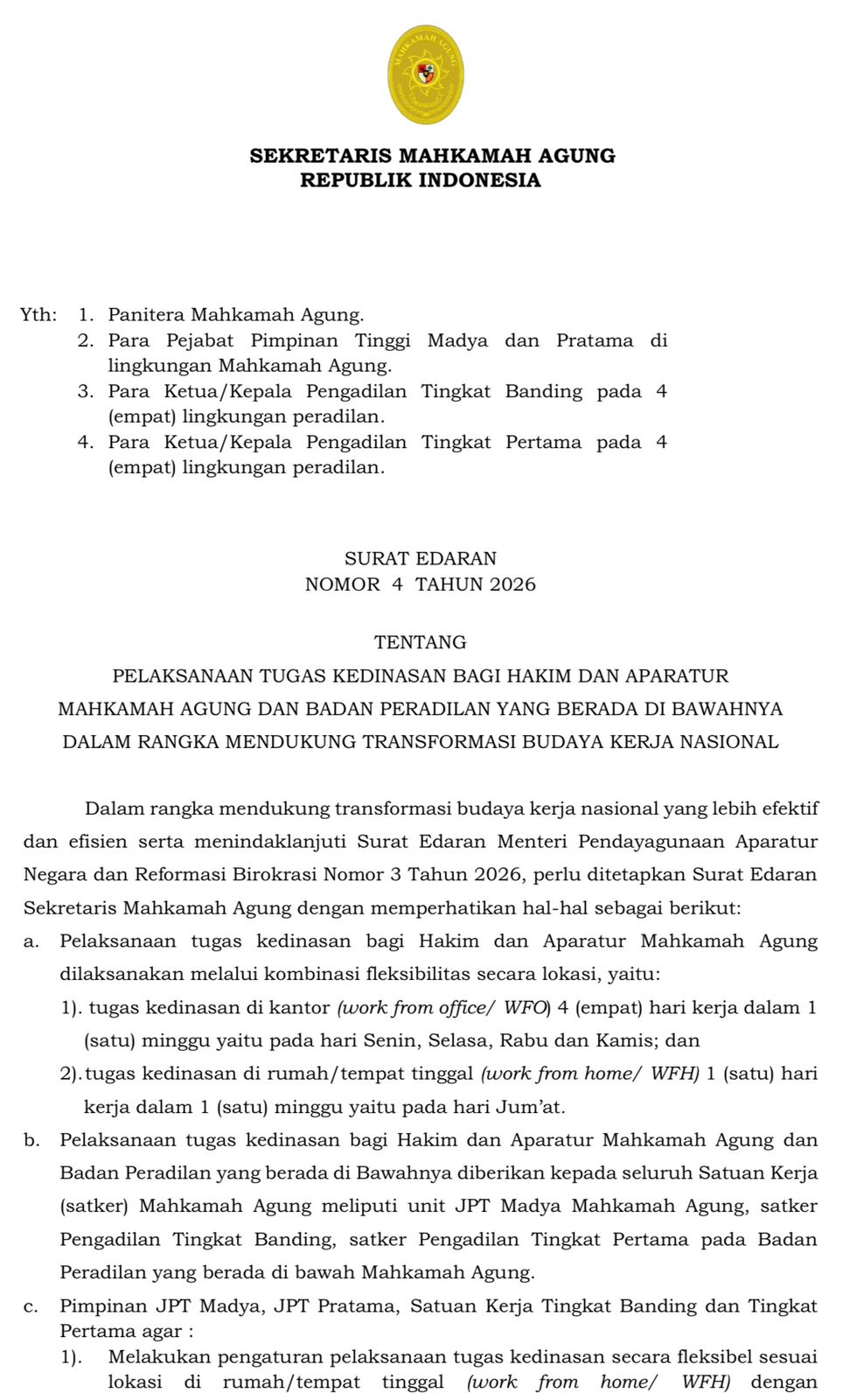 Dukung Transformasi Budaya Kerja Nasional, Sekretaris MA Terbitkan Aturan Terkait WFH
