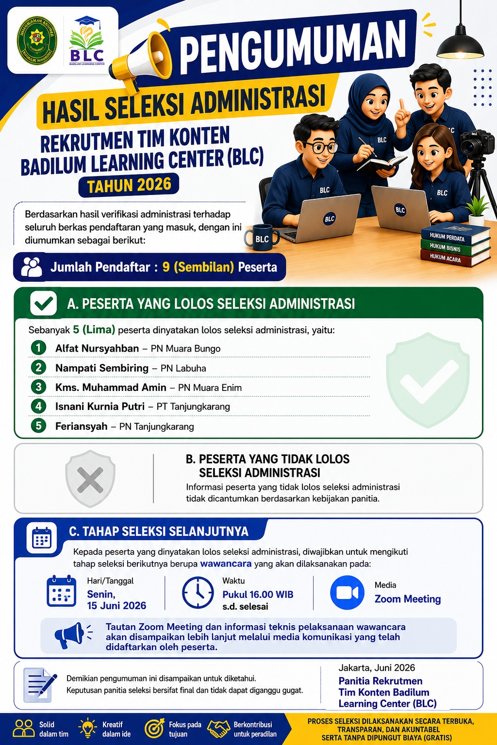 Hasil Seleksi Administrasi  Rekrutmen Tim Konten Badilum Learning Center (BLC)