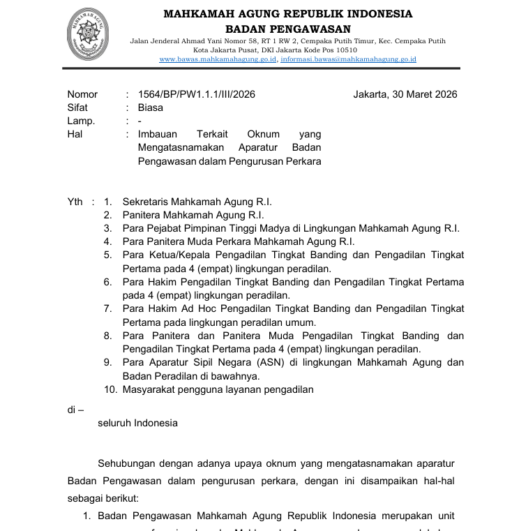 Hati-Hati Oknum Yang Mengatasnamakan Bawas MA, Janji Bisa Urus Perkara!