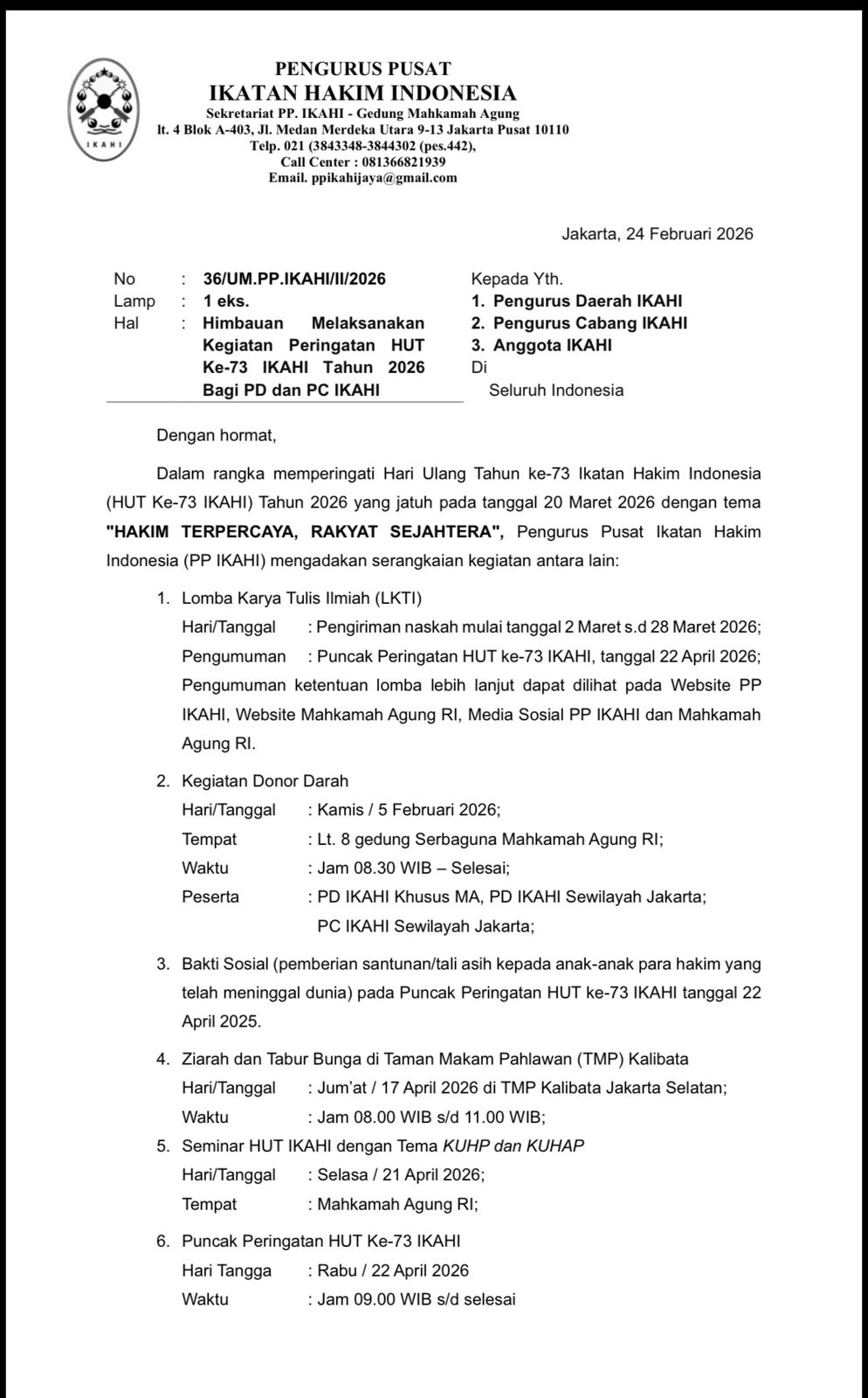Ini Rangkaian Kegiatan HUT IKAHI Ke-73, PP IKAHI Imbau Daerah & Cabang Berpartisipasi