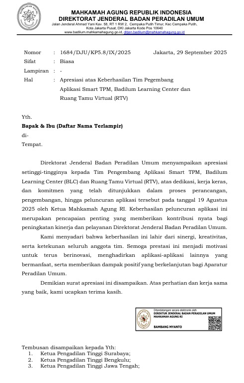 Inisiasi Aplikasi, Ditjen Badilum Berikan Apresiasi