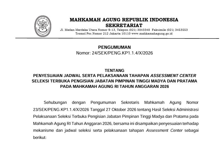 Jadwal Seleksi Jabatan Pimpinan Tinggi MA Disesuaikan, Ini Jadwal Terbarunya