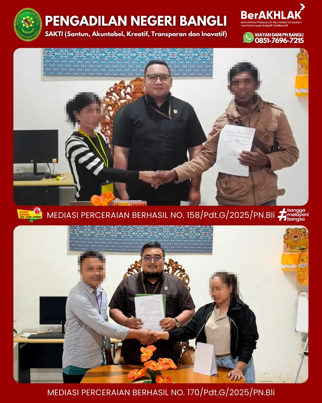 Jaga Tren Positif, PN Bangli Sukses Damaikan 2 Perkara Cerai Melalui Mediasi