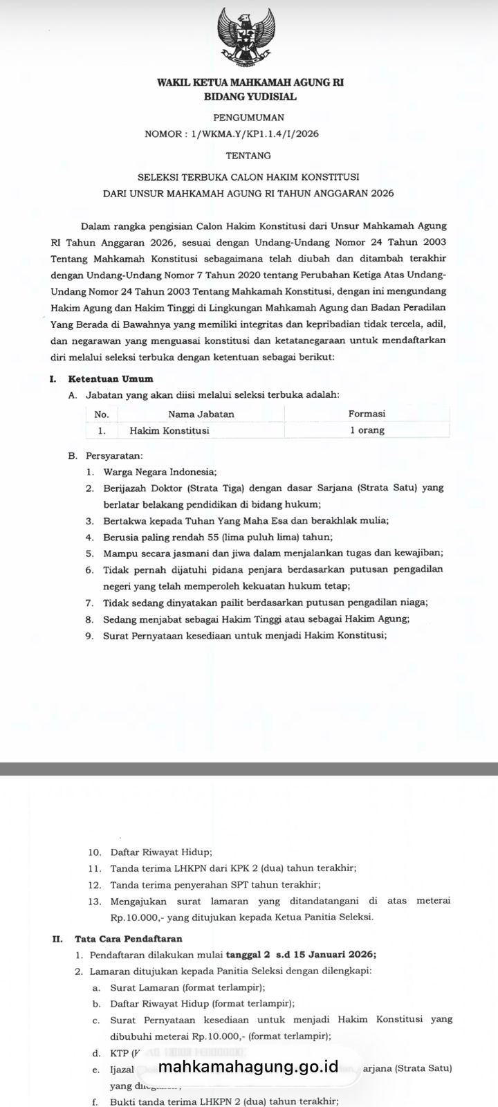 MA Gelar Seleksi Terbuka Calon Hakim Konstitusi Tahun Anggaran 2026, Segera Daftar!