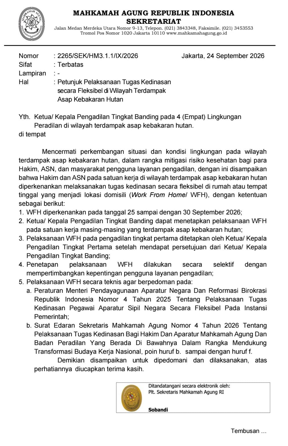 MA Izinkan WFH bagi Hakim dan ASN di Wilayah Terdampak Asap Kebakaran Hutan
