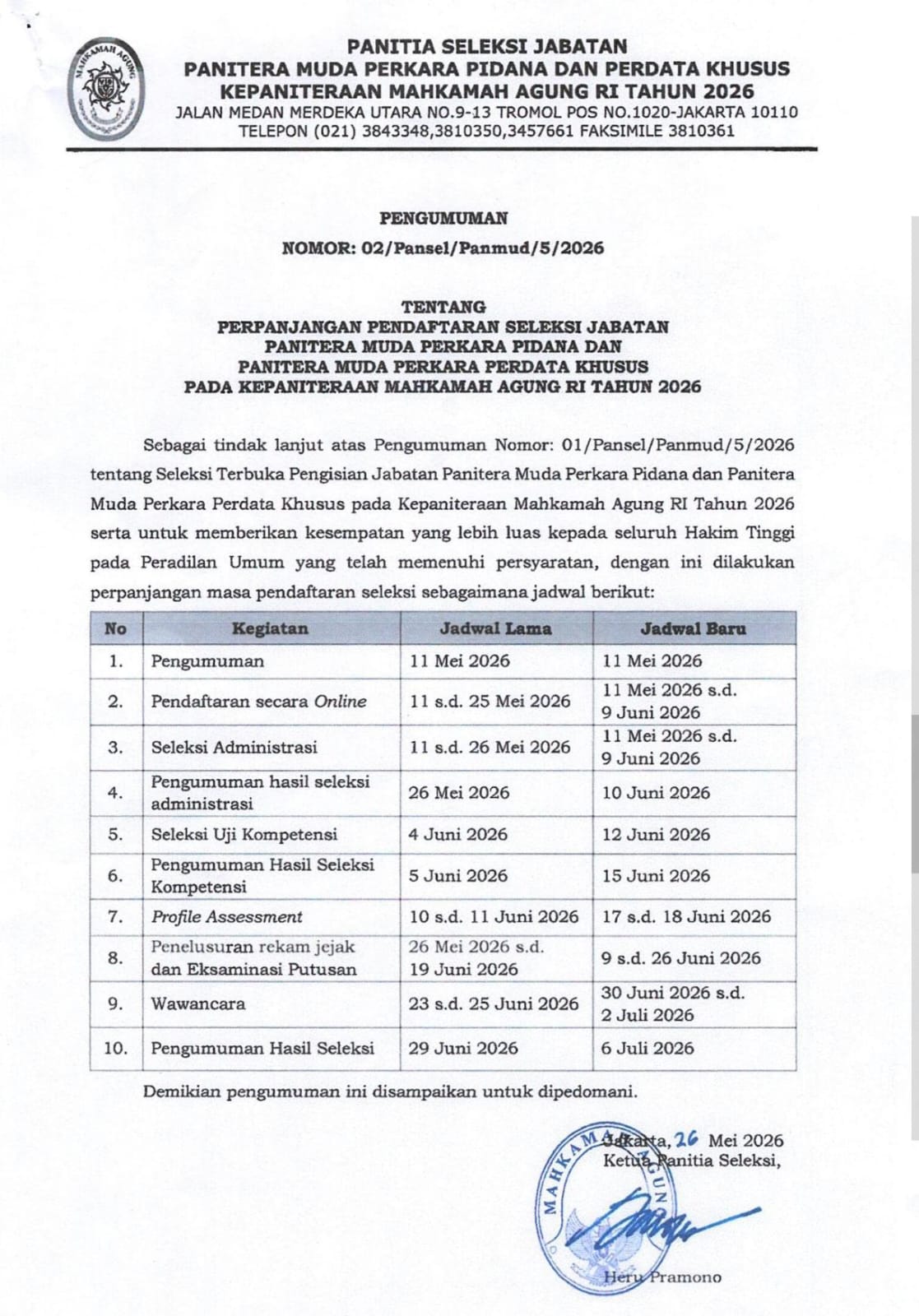 MA Perpanjang Pendaftaran Seleksi Panitera Muda Pidana & Perdata Khusus MA
