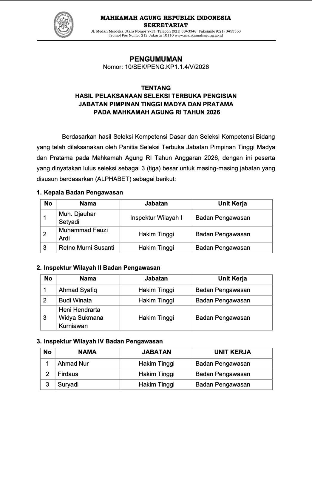MA Umumkan 3 Besar Hasil Seleksi Terbuka Jabatan Pimpinan Madya & Pratama