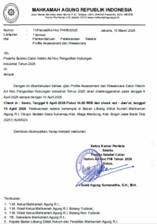 MA Umumkan Jadwal Profile Assessment & Wawancara Calon Hakim Ad Hoc PHI 2026