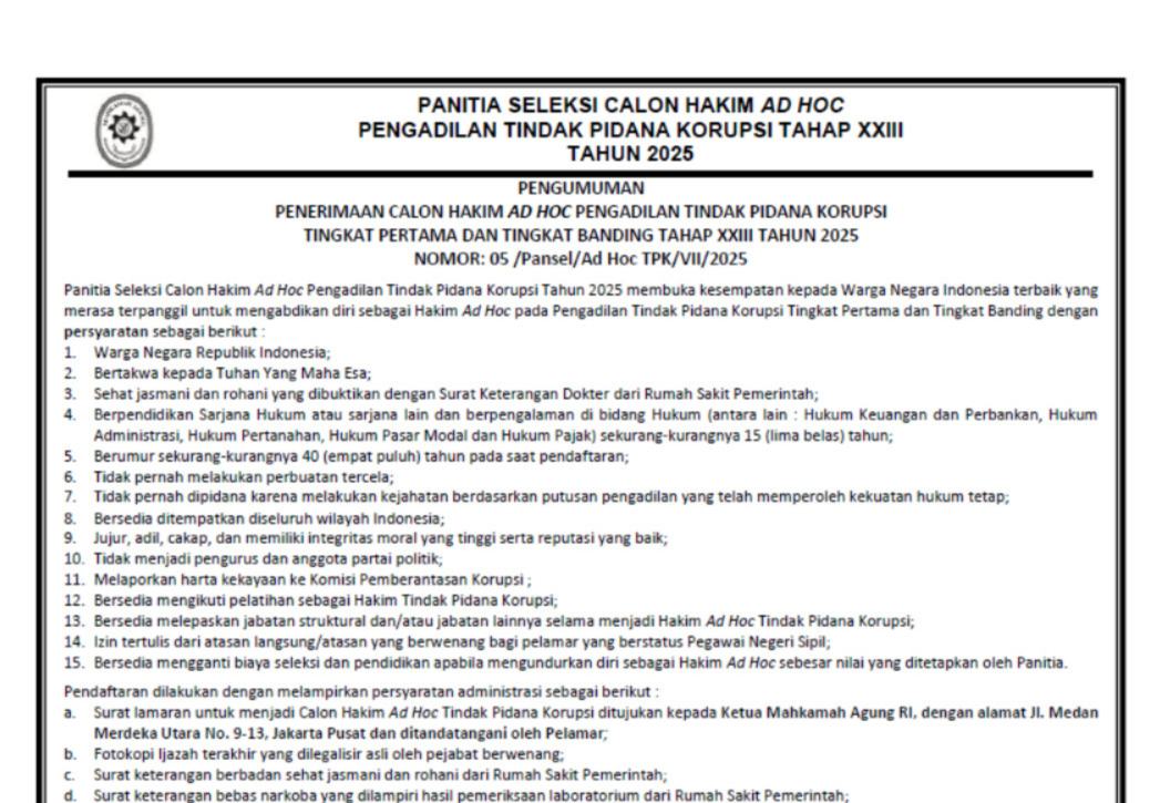 MA Umumkan Seleksi Calon Hakim Ad Hoc Tipikor Tingkat Pertama dan Banding, Catat Syaratnya!
