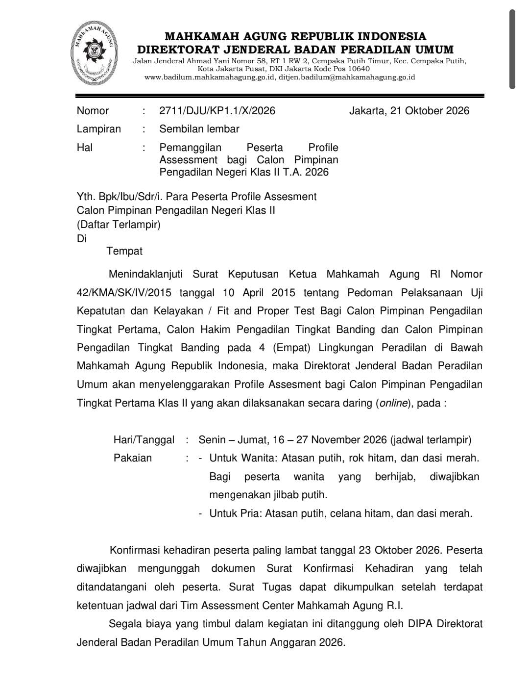 November Mendatang, 251 Hakim Ikuti Asessment Calon Pimpinan PN Kelas II