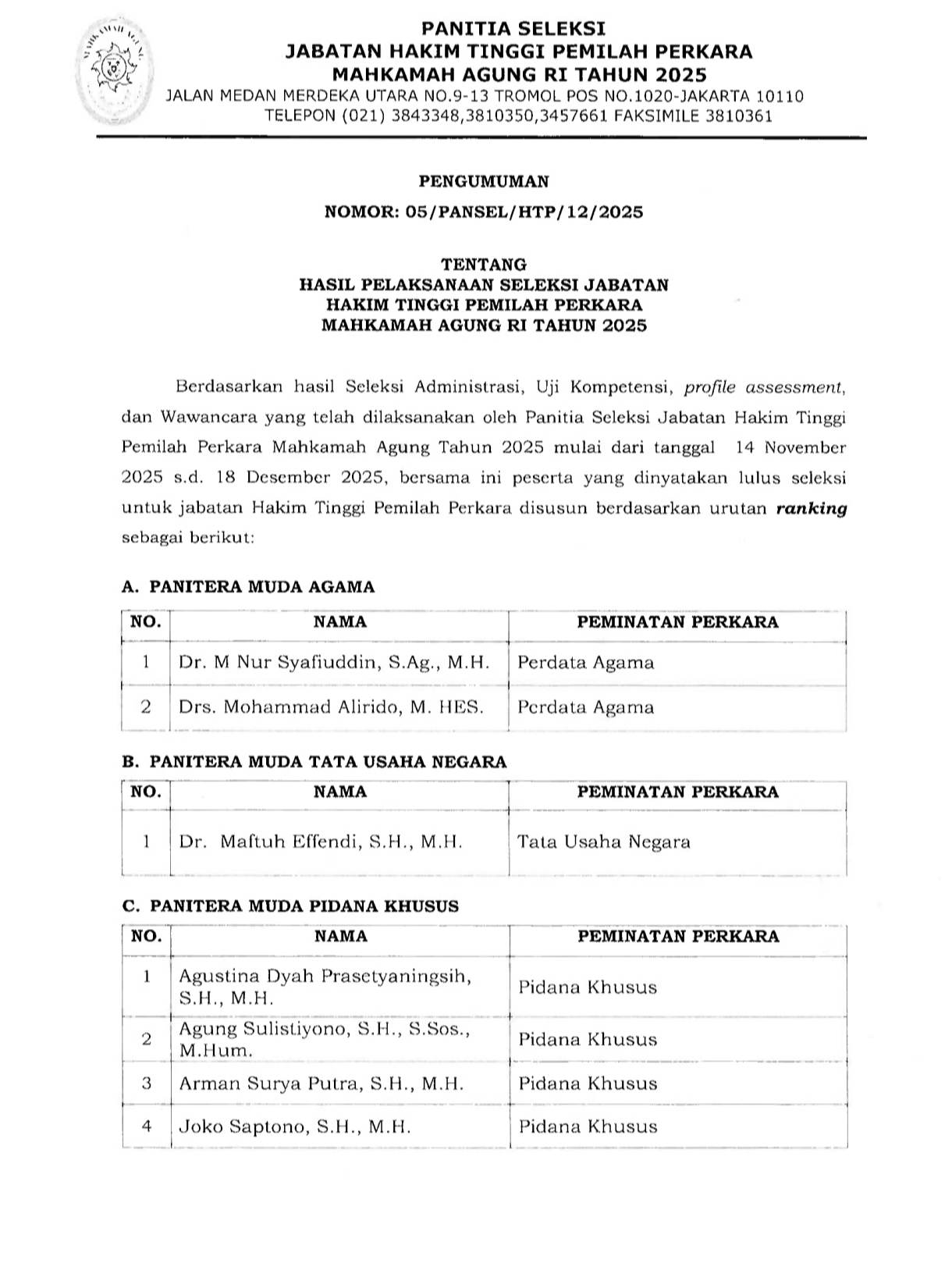 Pansel Umumkan Hasil Seleksi Jabatan Hakim Tinggi Pemilah Perkara MA Tahun 2025