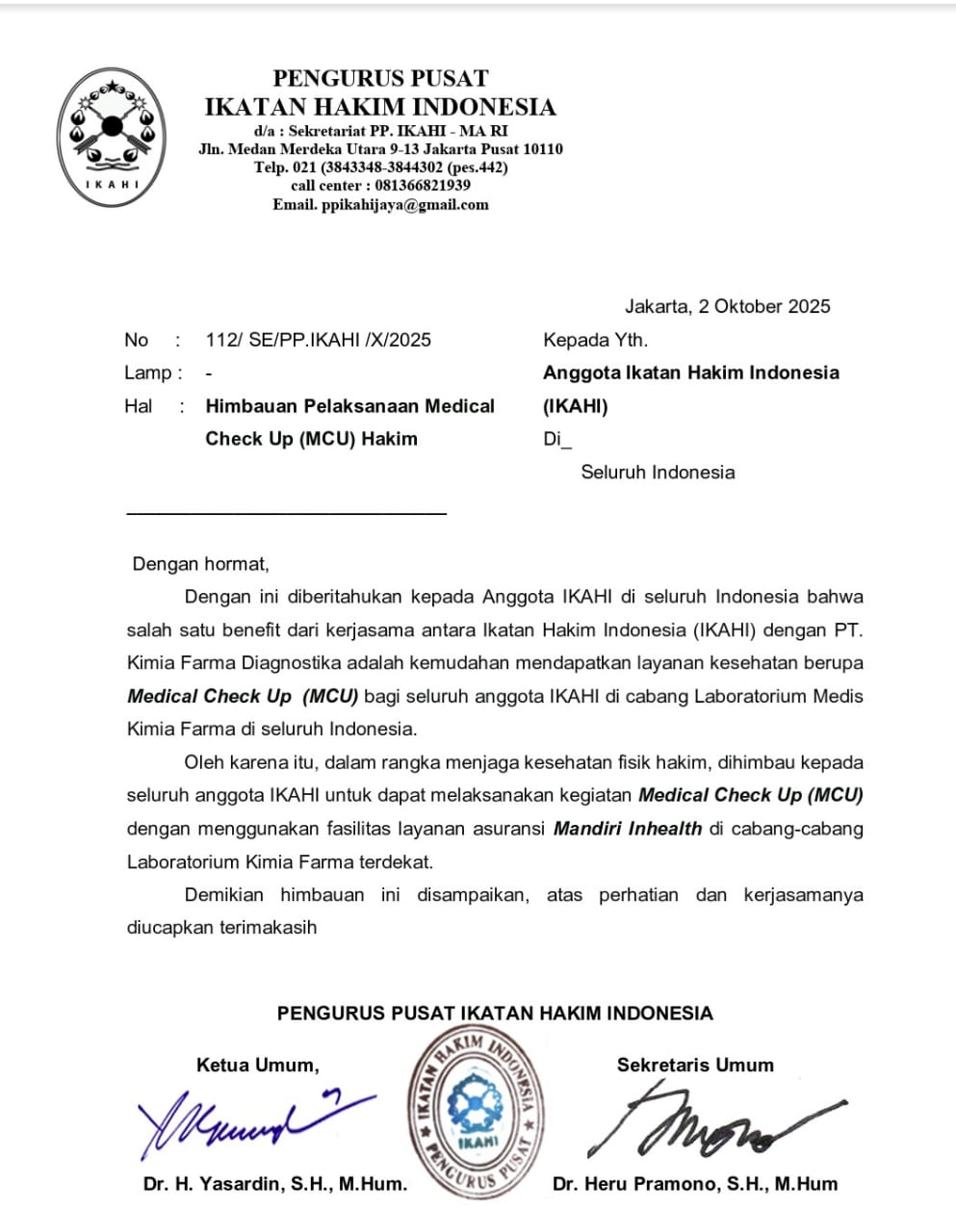 Peduli Kesehatan Hakim, PP IKAHI Himbau Para Hakim Segera Medical Checkup