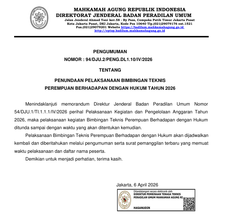 Penundaan Bimtek Perempuan Berhadapan dengan Hukum 2026