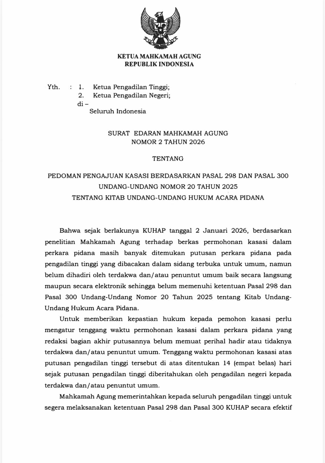 Perkuat Kepastian Hukum, MA Terbitkan Aturan Baru Pengajuan Kasasi Pidana