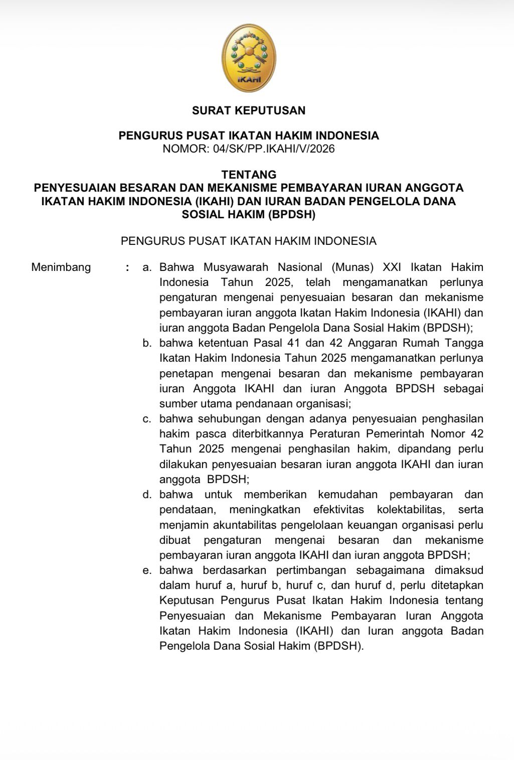 PP IKAHI Resmi Sesuaikan Iuran Anggota & BPDSH Tahun 2026