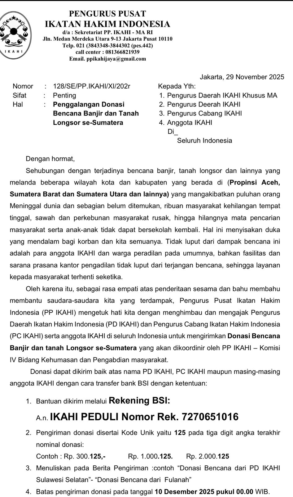 PP IKAHI Serukan Donasi Nasional Atas Bencana Banjir dan Longsor di Sumatera