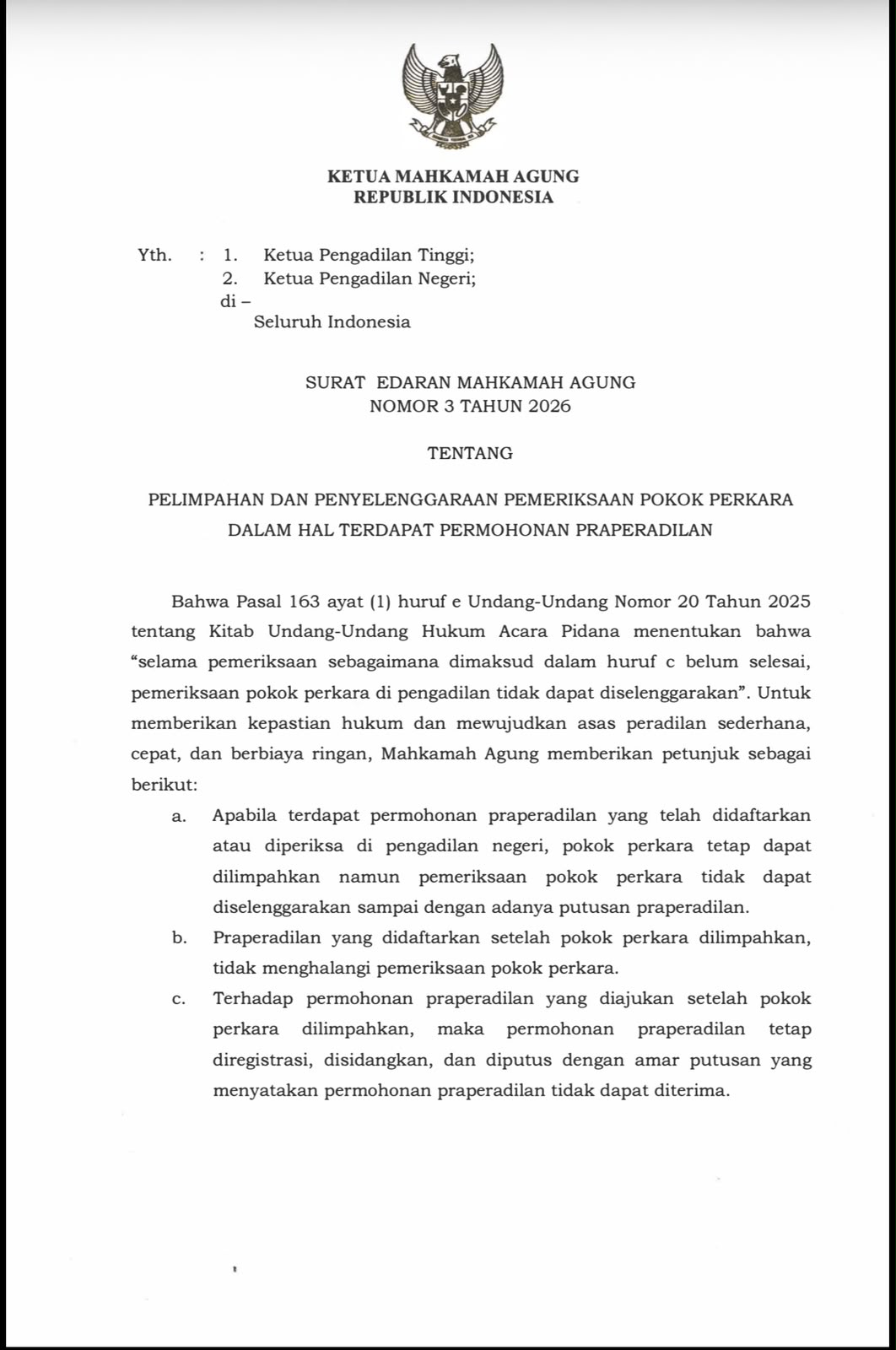 SEMA 3/2026 Terbit, MA Tegaskan Batas Praperadilan & Pemeriksaan Pokok Perkara