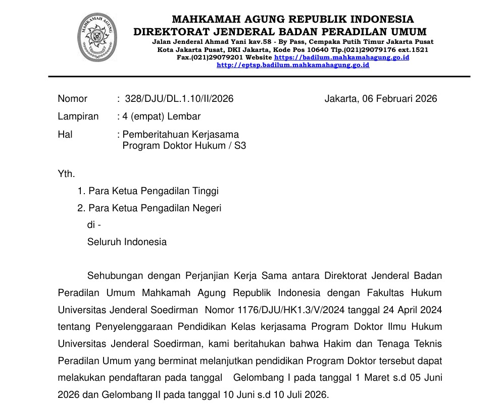 UNSOED Buka Program Doktor Kerjasama Dengan Badilum, Segera Daftar!